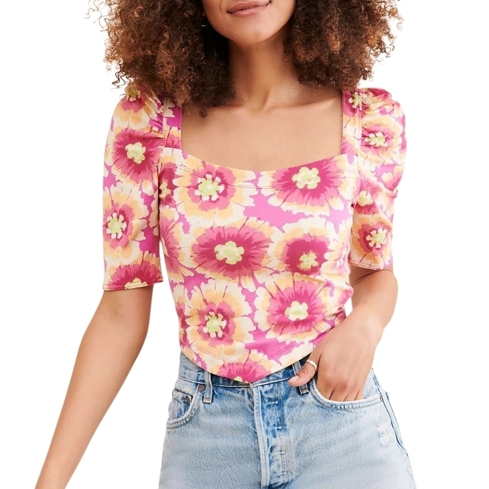Free People Fitted Pink and Orange Blouse with 3/4 Sleeves Sz M